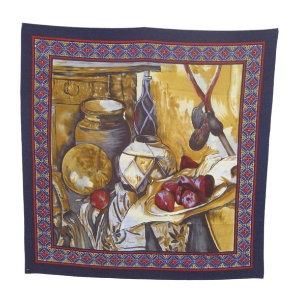 Art Still Life Scarf Square Synthetic 34 in Blue Apples Border - Picture 1 of 7